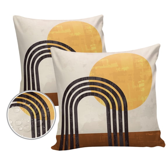 Pack of 2 Outdoor Pillow Covers, Minimalist Abstract Modern Shapes Line Sun Yellow Waterproof Square Throw Pillowcase Cushion Decorative Pillow Covers for Couch Patio Tent, 18x18 in