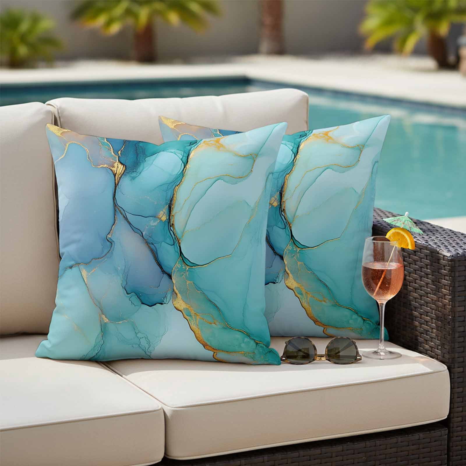 Waterproof Throw Pillow Covers 16x16 Set of 2, Ombre Aqua Green Blue Marble Outdoor Pillowcases with Invisible Zipper, Golden Vein Abstract Color Decorative Cushion Covers for Patio Garden Sofa Couch