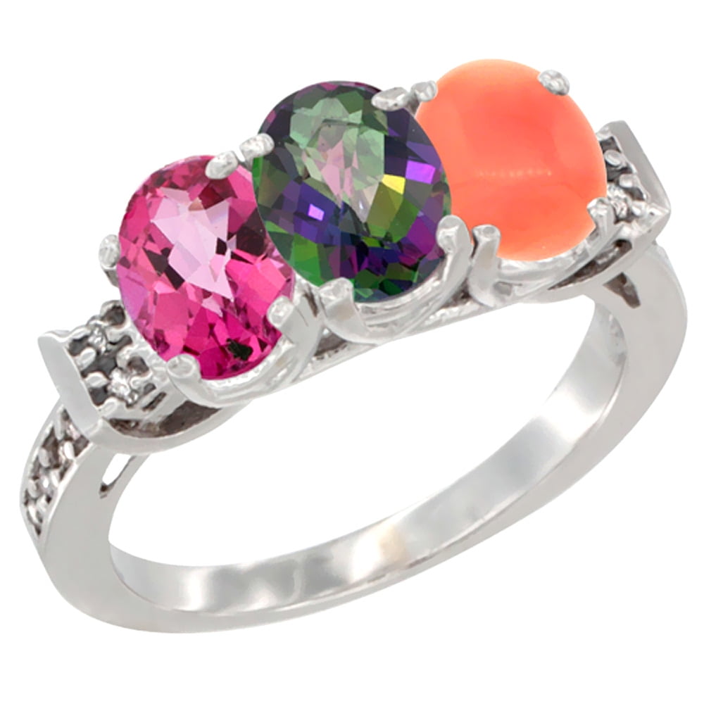 10K White Gold Natural Pink Topaz, Mystic Topaz & Coral Ring 3-Stone Oval 7x5 mm Diamond Accent, sizes 5 10 by WorldJewels