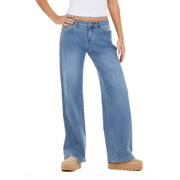 Forever 21 Women's Low Waist Wide Leg Denim Pants with Screen Print, Relaxed Fit Baggy Jeans, Vintage Wash Casual Streetwear, Blue, 00-4X