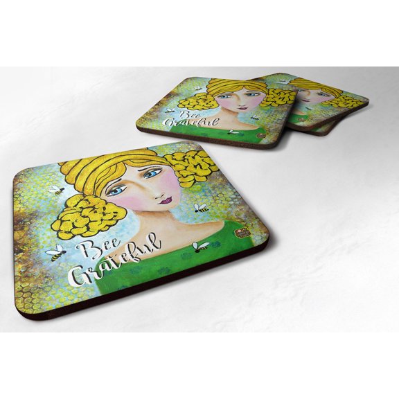 Bee Grateful Girl with Beehive Foam Coaster Set of 4