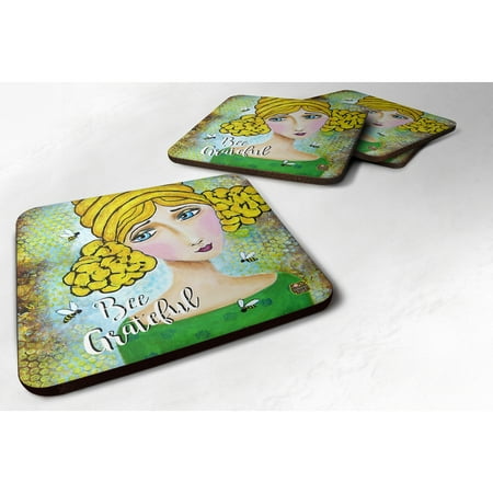 

Caroline s Treasures VHA3008FC Bee Grateful Girl with Beehive Foam Coaster Set of 4 3 1/2 x 3 1/2 multicolor