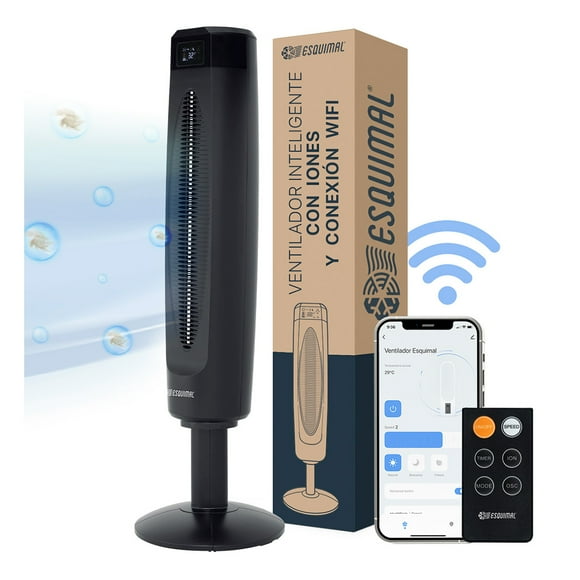 Ventilador de Torre Ionizador, WiFi, Silencioso, LED, Oscilación 80°, Timer. Esquimal (Negro, 85cm)