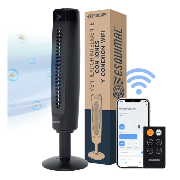 Ventilador de Torre Ionizador, WiFi, Silencioso, LED, Oscilación 80°, Timer. Esquimal (Negro, 85cm)
