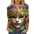 thumbnail image 2 of LEKWK Womens Mardi Gras Shirts Luxury Pearl Mask Face Round Neck 3/4 Sleeve Graphic Tees Gold Purple Green Costume Carnival Top, 2 of 5