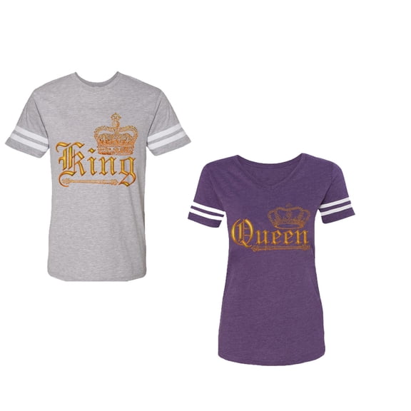 Wild King Queen Unisex Couple Matching Cotton Jersey style T-Shirt Contrasting stripes on sleeves (Men Heather / Women Purple) (Men S / Women XXL)