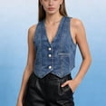 thumbnail image 2 of JGGSPWM Women's Vintage Denim Vest Single Breasted V-Neck Sleeveless Jacket Washed Distressed Waistcoat Summer Short Coat Blue S, 2 of 8