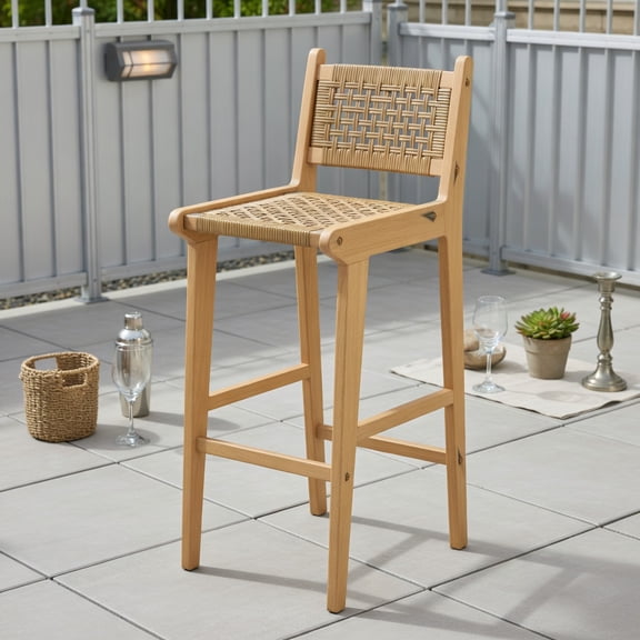Yardi Yard Patio Teak Wood Bar Stool, Bar Stool with Rattan Backrest and Seat for Outdoor as Yard, Natural