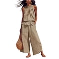 thumbnail image 2 of Linen Sets for Women 2 piece Sleeveless Ruffle Top Wide Leg Pants Matching Set Summer Beach Vacation Outfits,Khaki,S, 2 of 7