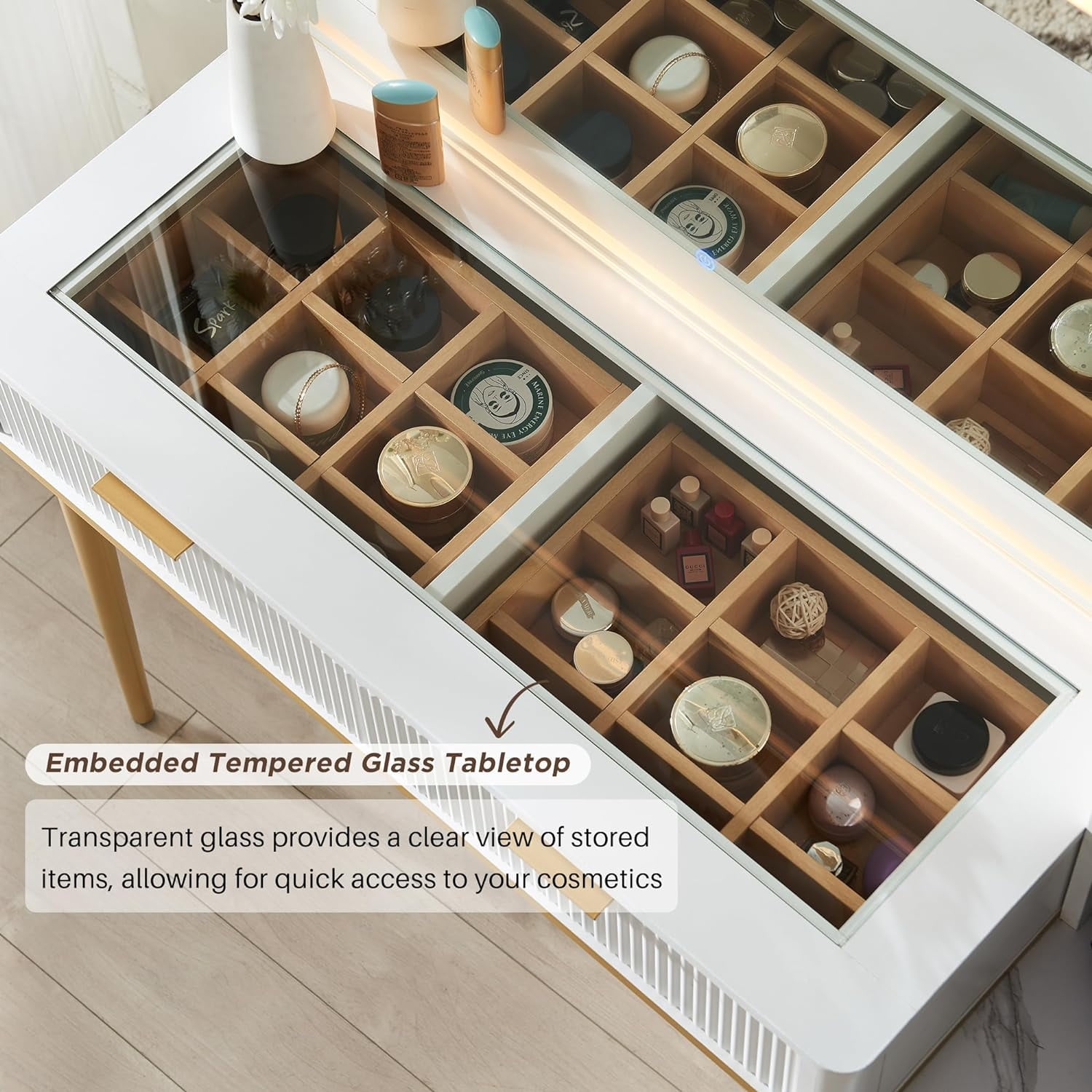 OKD Makeup Vanity Table with Lighted and Mirror, Glass Top Vanity Desk with 5 Drawers & Charging Station for Bedroom,White