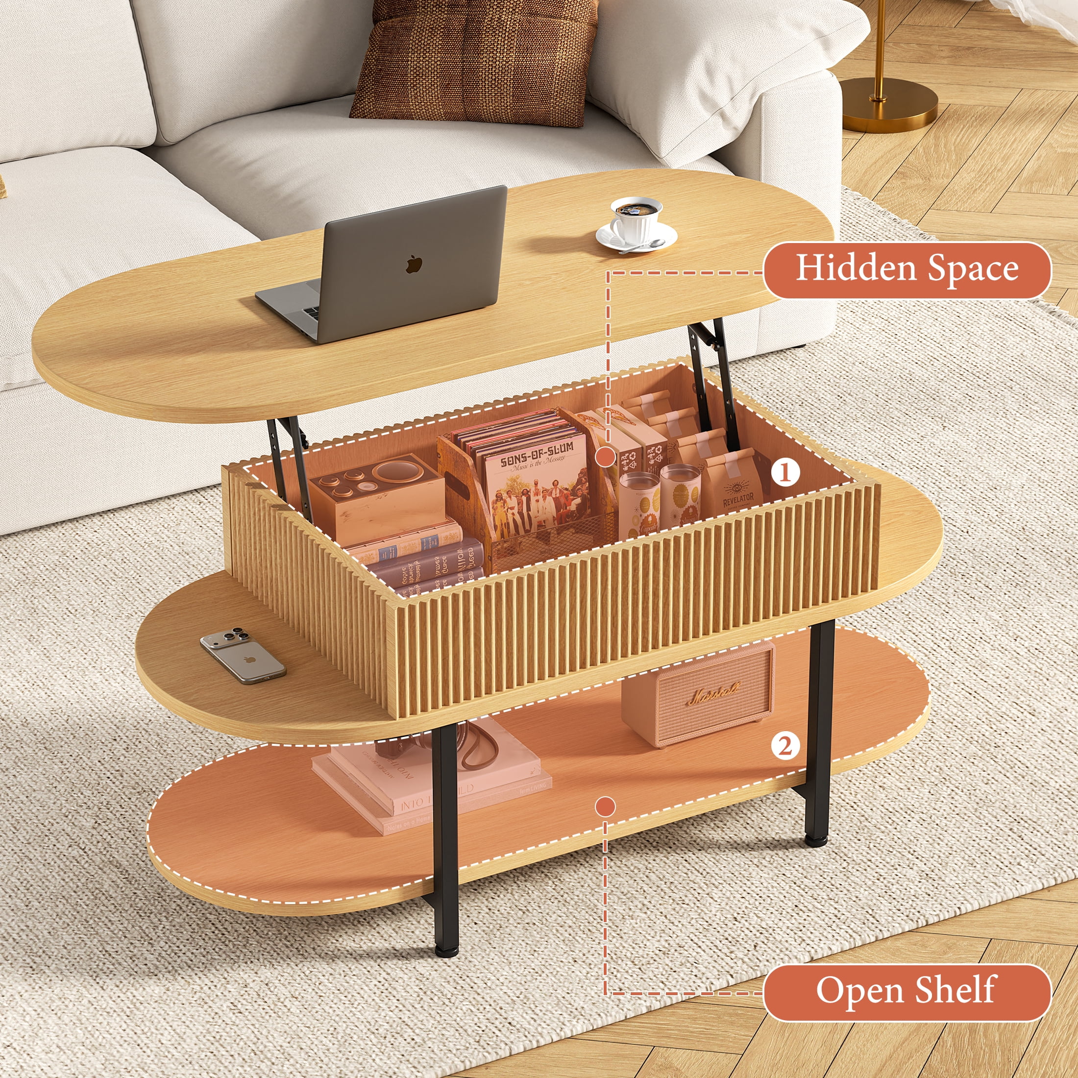 GUNAITO Lift Top Coffee Table with Storage, Modern Farmhouse Center Table with Shelf 2 Tier for Living Room, Natural