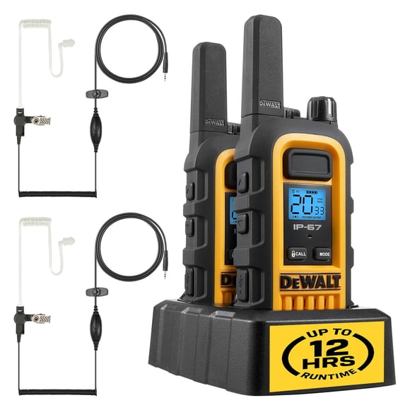 DeWalt DXFRS300 Heavy-Duty Walkie Talkies with Earpieces & Charging Dock (2 Radios) - Rechargeable Long Range Two-Way Radios, Waterproof