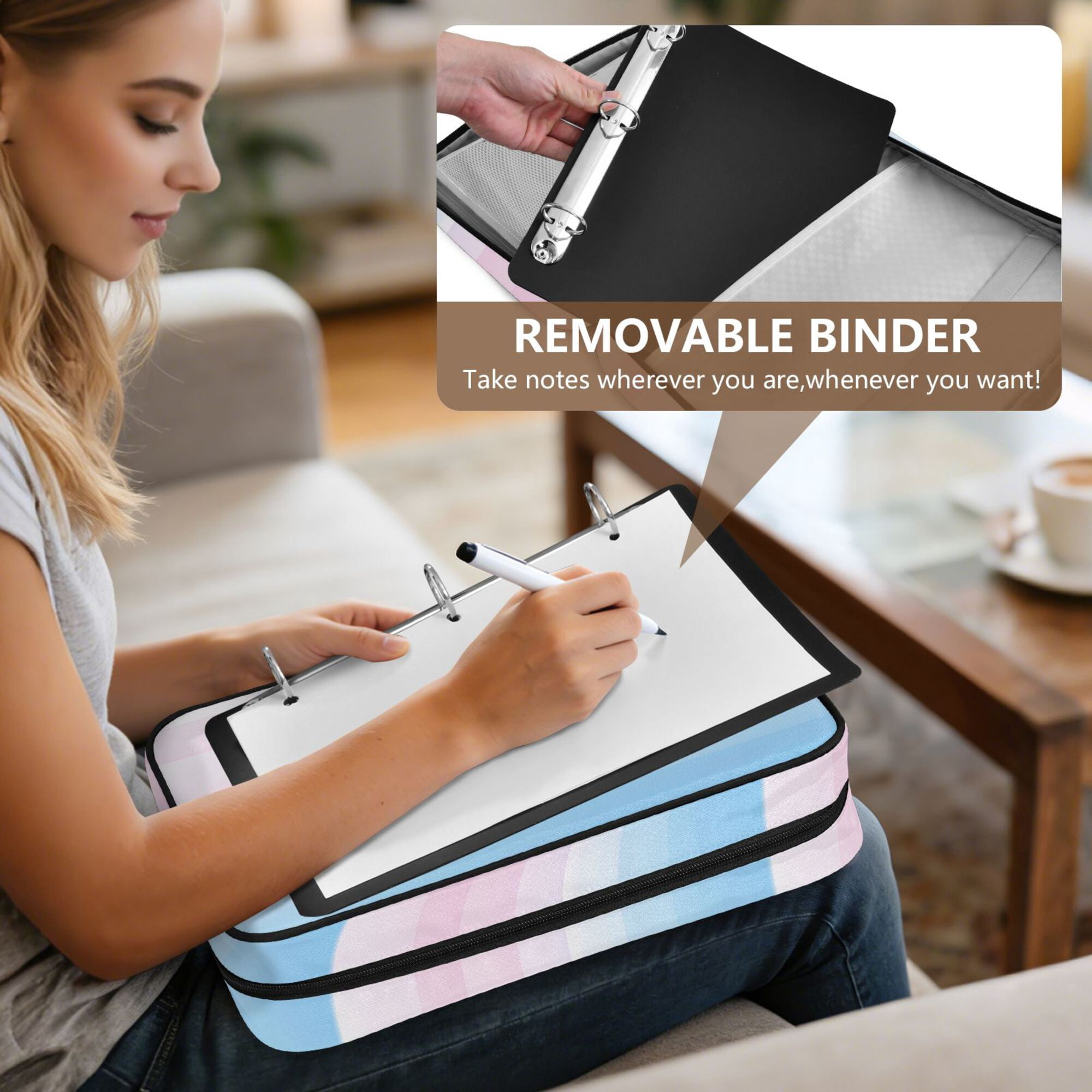 FORMRS Accordion File Folder A4 Size 7-Pocket Expanding Document Organizer Bag with 3 Ring Binder, Light Blue Stripes