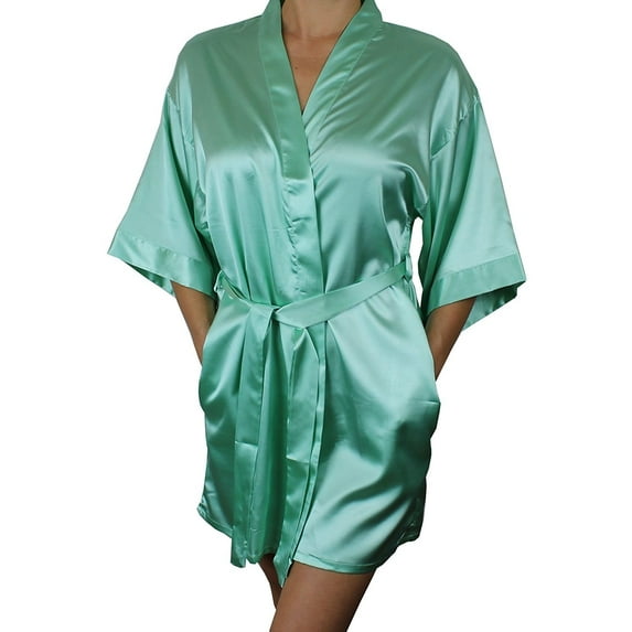 Women's Satin Kimono Bridesmaid Short Robe With Pockets - Silky Feel Modern Cut