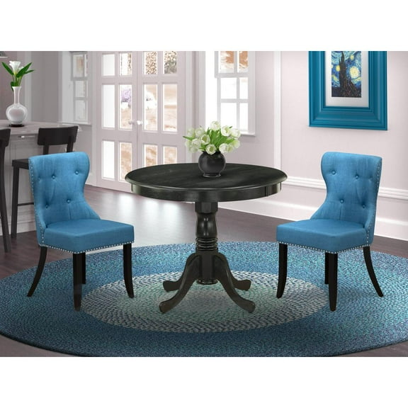 East West Furniture Antique 3-piece Wood Dining Set in Black/Mineral Blue