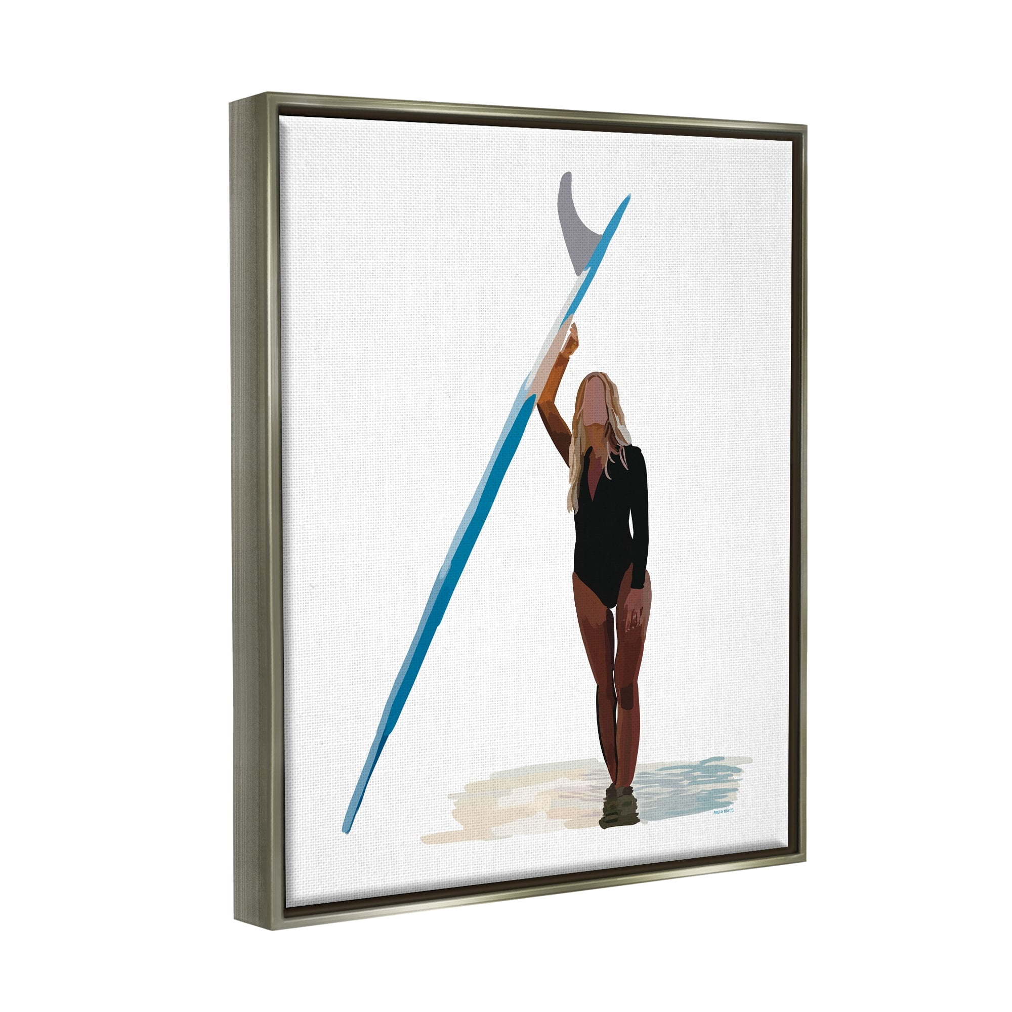 Stupell Industries Athletic Surfing Girl Ocean Beach Summer Sport Graphic Art Luster Gray Floating Framed Canvas Print Wall Art, Design by Amelia Noyes