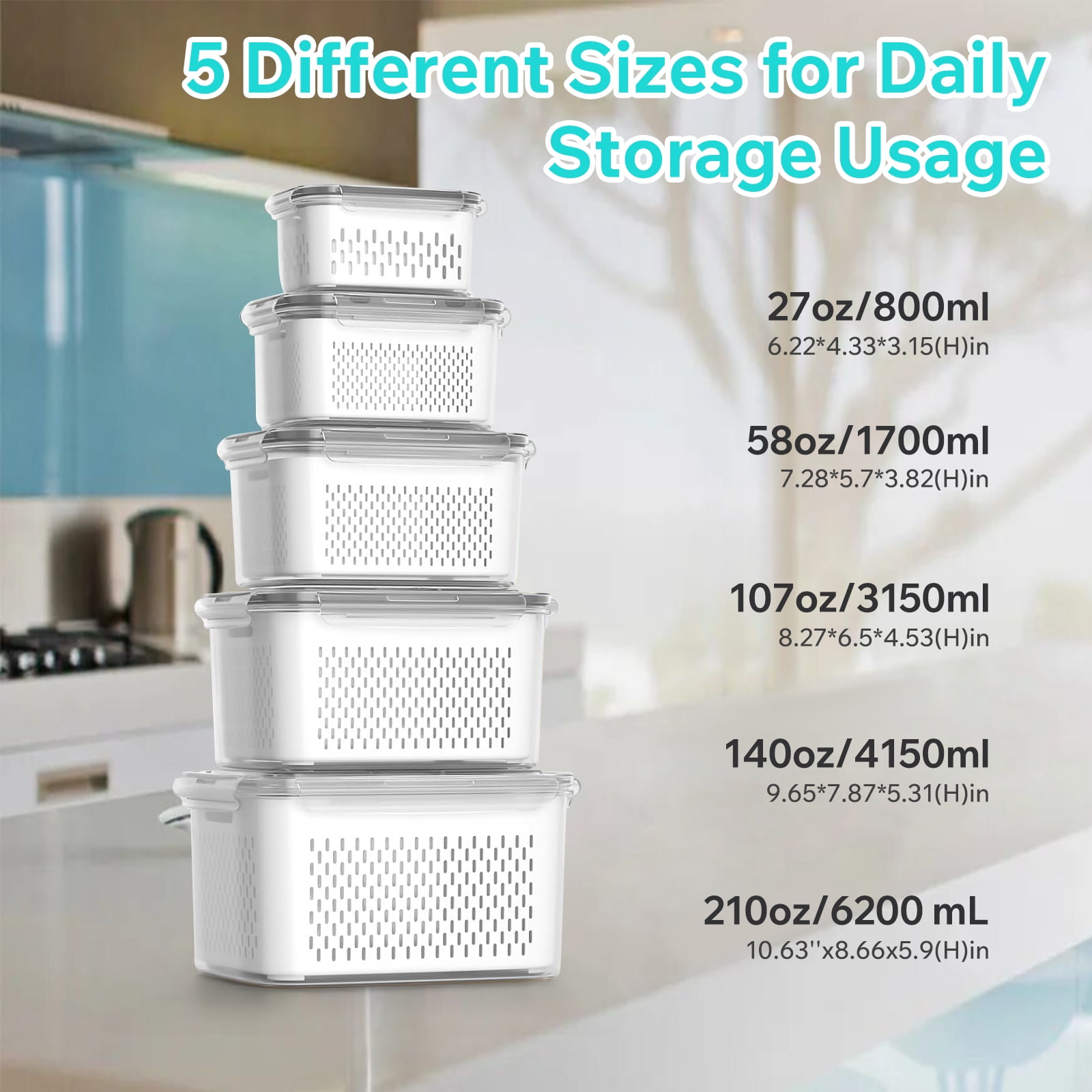 5-Pack Fruit Storage Containers for Fridge, Fridge Organizer Refrigerator Organizer Bins with Lids, Airtight Food Storage Container with Removable Colander