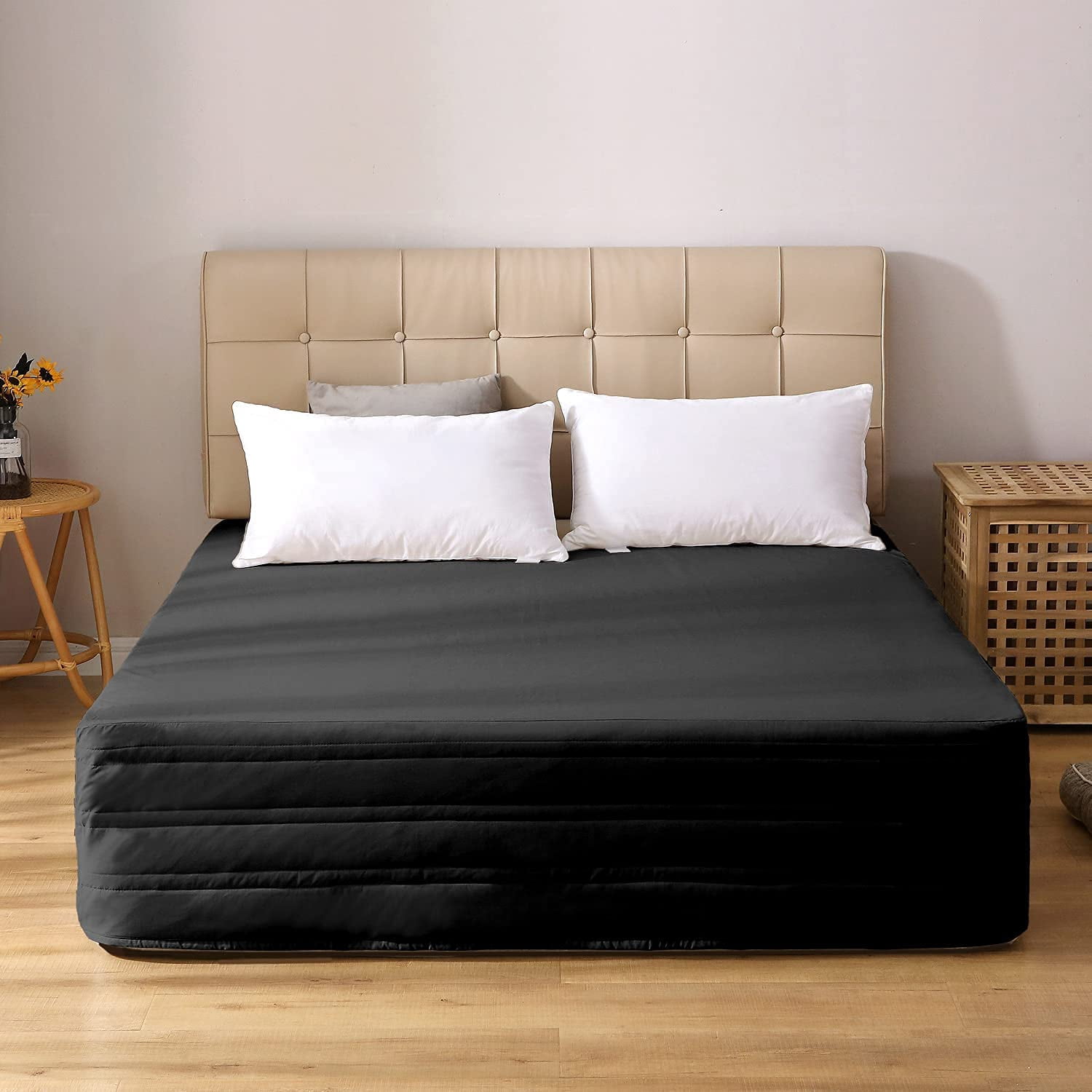 Cotton Blended Quilted Black King Bed Skirt, Ruffle 14" Drop