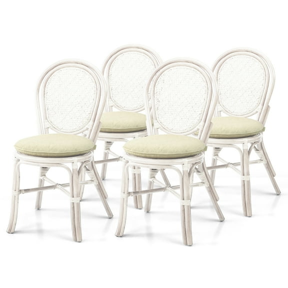 Set of 4 Denver Dining Wicker Side Chairs with Cream Cushions Handmade Rattan, White
