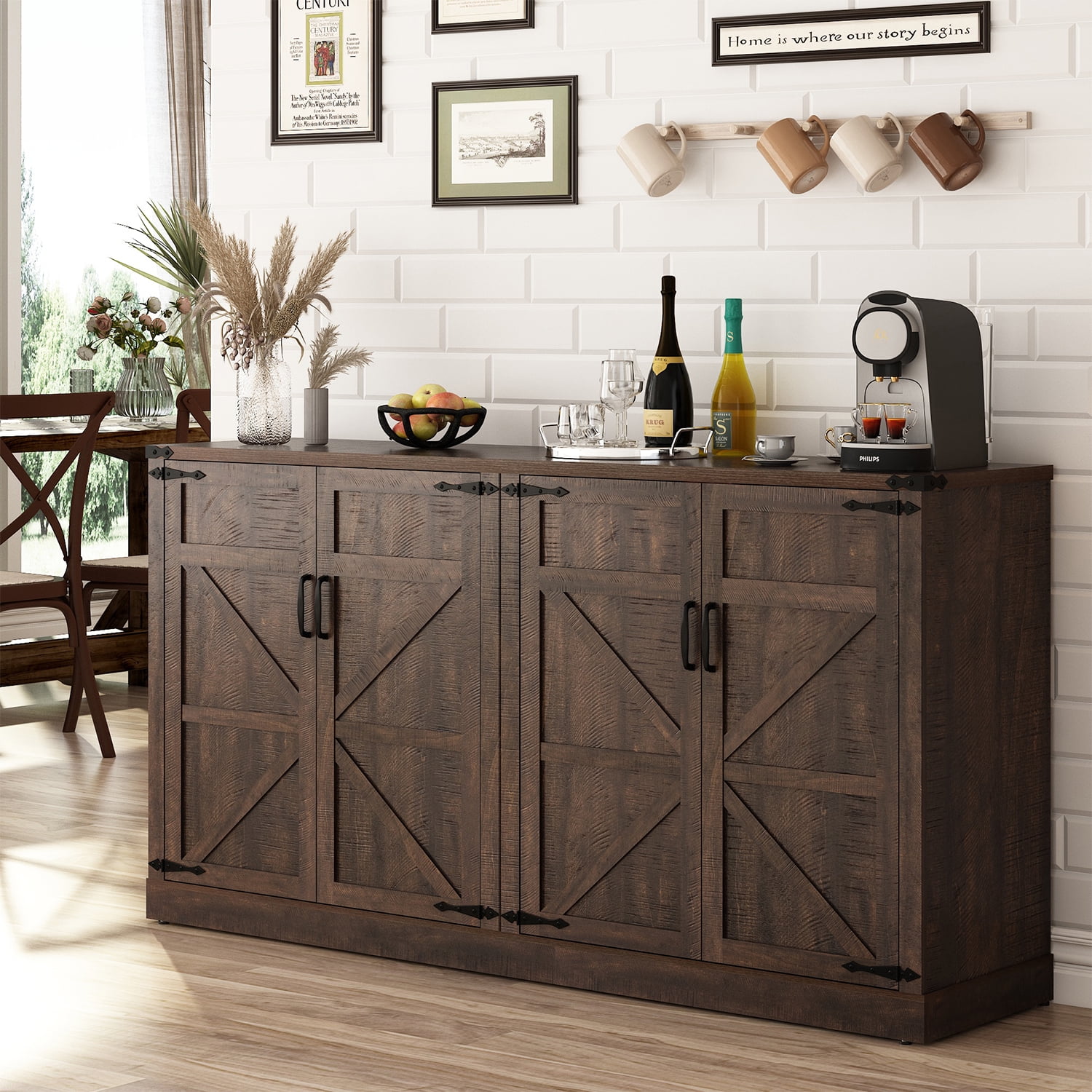 65" Large Farmhouse Buffets Cabinet w/Storage, 4 Barn Doors Coffee Bar Cabinet with Adjustable Shelves, Wood Sideboard Cabinet with Storage for Kitchen, Dining Room, Living Room, Brown