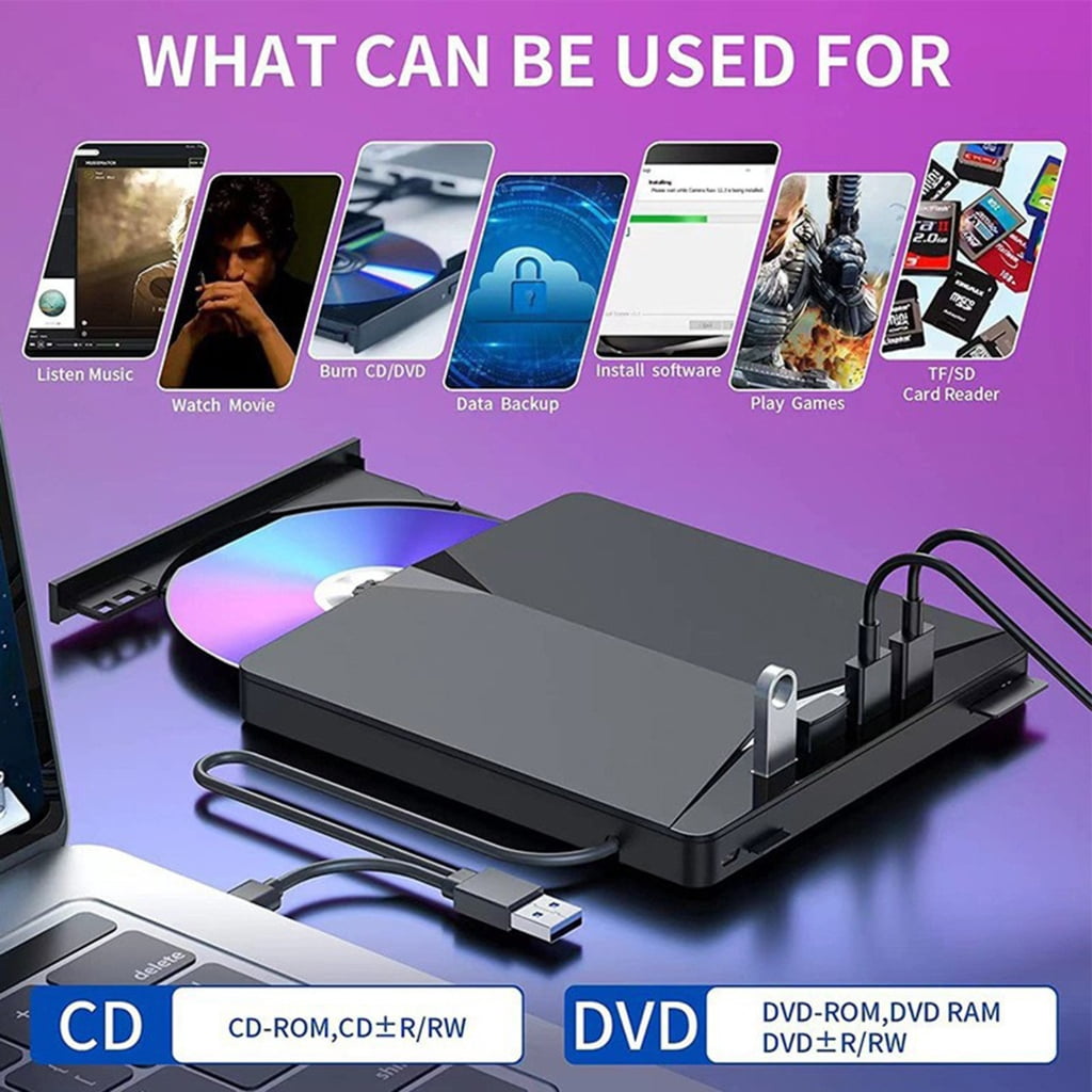 BQBQERT 7 Port External Video Disc Drives for Laptop USB C USB3.0 Portable Burners Writer with Card Slot USB Ports Fast Speed Re