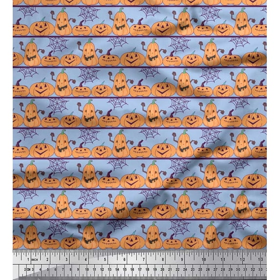 Soimoi Poly Georgette Fabric Spider Web & Pumpkin Halloween Print Fabric by The Yard 52 Inch Wide