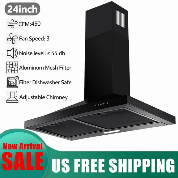 24" Wall Mount Range Hood Kitchen Exhaust Stove 450 CFM 3-Speed Button Control