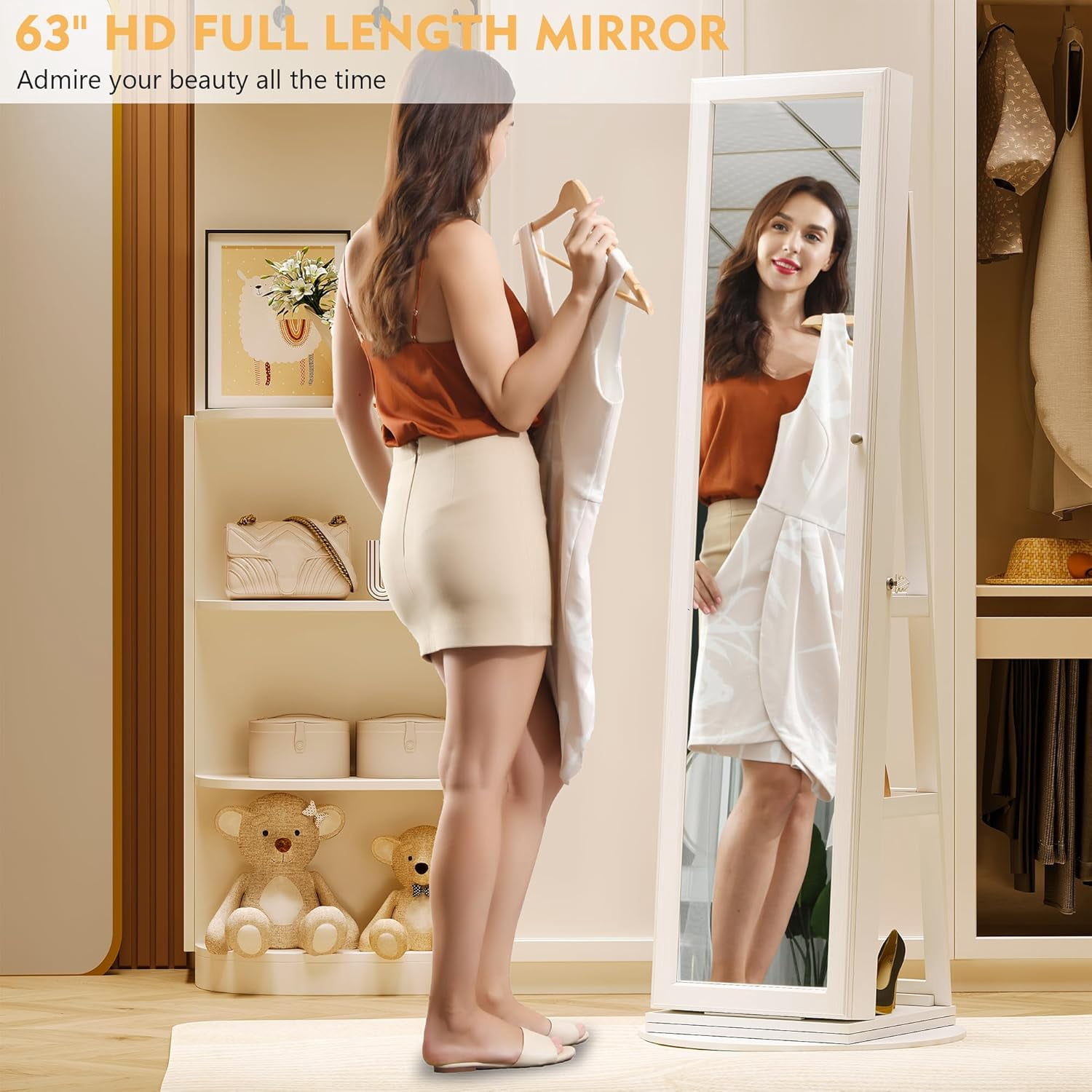 AENKYO LED 360-Degree Rotating Jewelry Armoire with Full-Length Mirror - Lockable Jewelry Cabinet Organizer with 63-Inch Storage Shelves - White