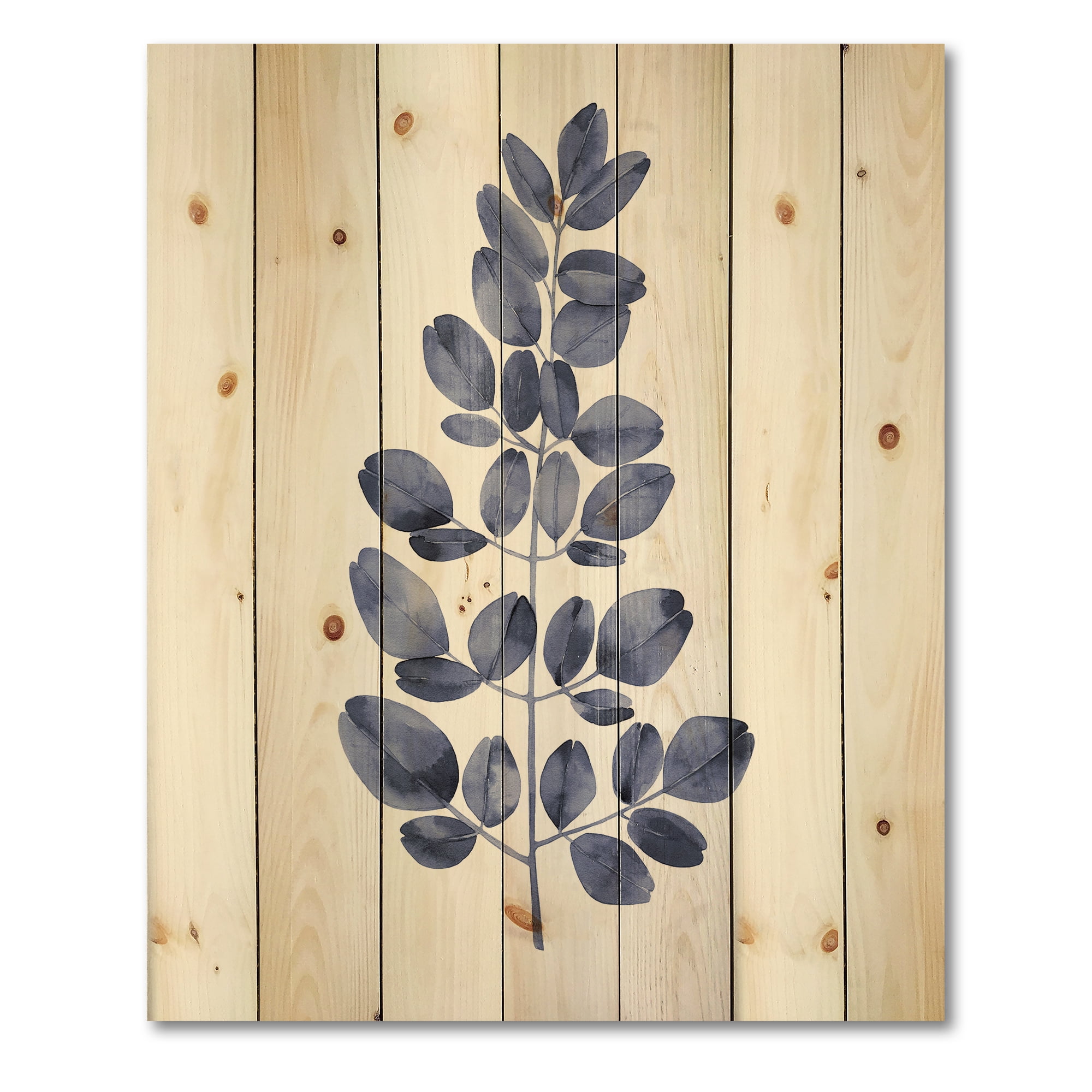Designart 'Navy Blue Eucalyptus On White' Traditional Print on Natural Pine Wood