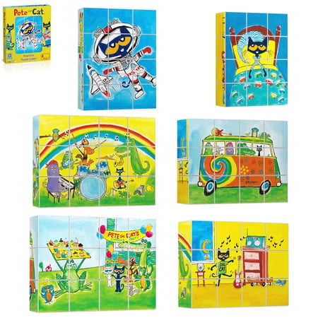 PicassoTiles Pete The Cat 12PCS Magnetic Puzzle Cube Set with 6 Cartoon Theme Mix & Match STEM Educational Toy for Kids Toddlers Preschool 3+