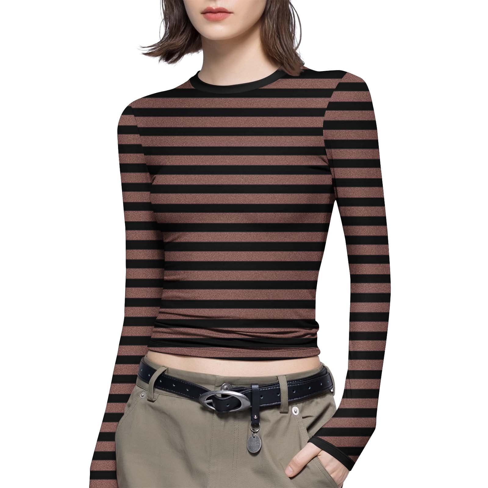 Women's Y2K Long Sleeve Crop Top Stripe Crew Neck Tee Top Sexy 90s