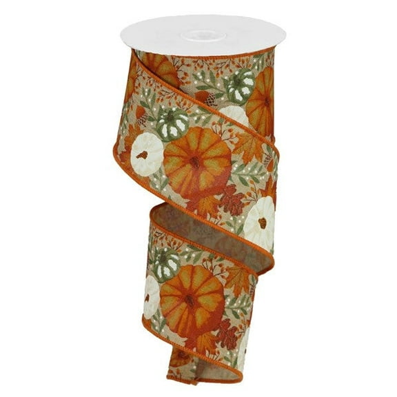 Pumpkins and Autumn Foliage on Canvas Wired Edge Ribbon, 10 Yards (Brown, 2.5 Inch)