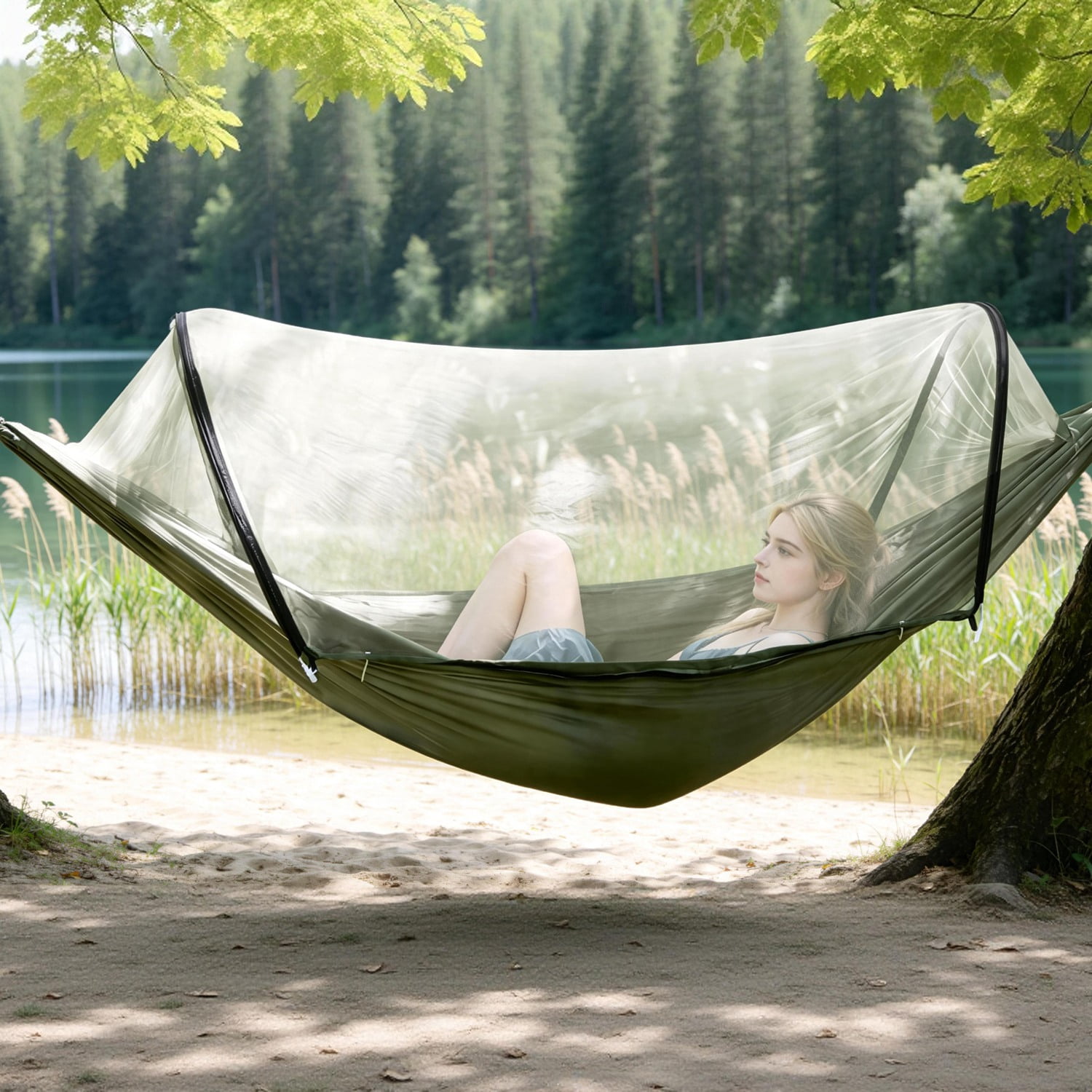 3 in 1 Camping Hammock with Automatic Pop-Up Mosquito Net, Lightweight 70D Nylon Portable Hammock Supports 440lbs, Dual Zipper Outdoor Hammock for Camping Hiking Backpacking Beach Backyard