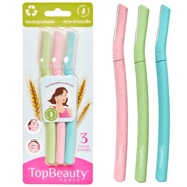 Topbeauty Paris Maquinillas de afeitar faciales ecológicas para mujer - 3 piezas por paquete - Maquinillas de afeitar para cejas con paja de trigo - Afeitadora multiusos para eliminar pelusas de meloc