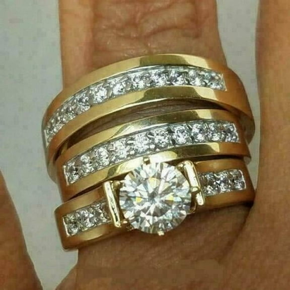 14K Yellow Gold Plated Round Simulated Diamond His-Her Wedding Trio Ring Set