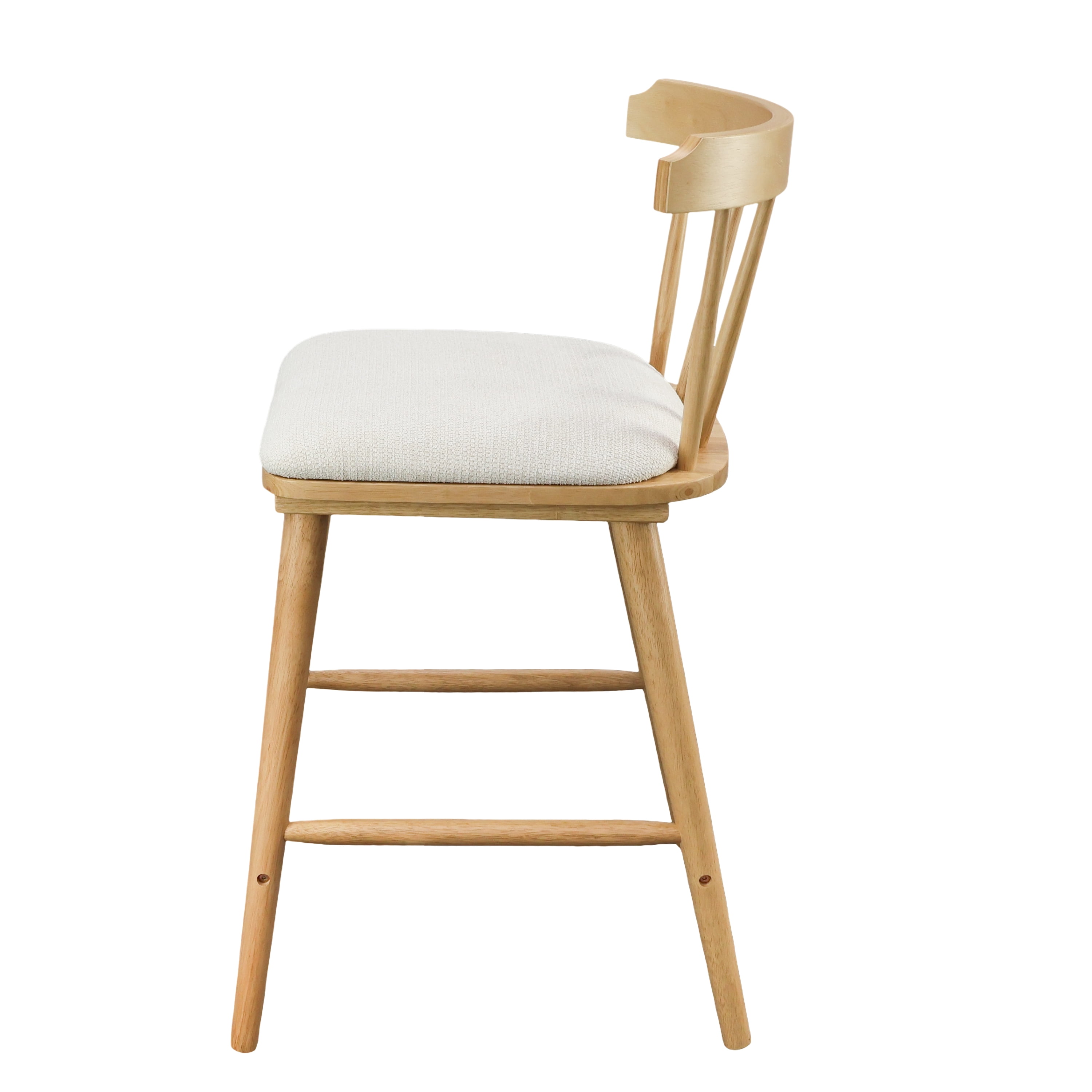 Indoor Wooden Upholstered Counter Stool, Natural Finish with Beige Upholstery, Windsor Style, Set of 2