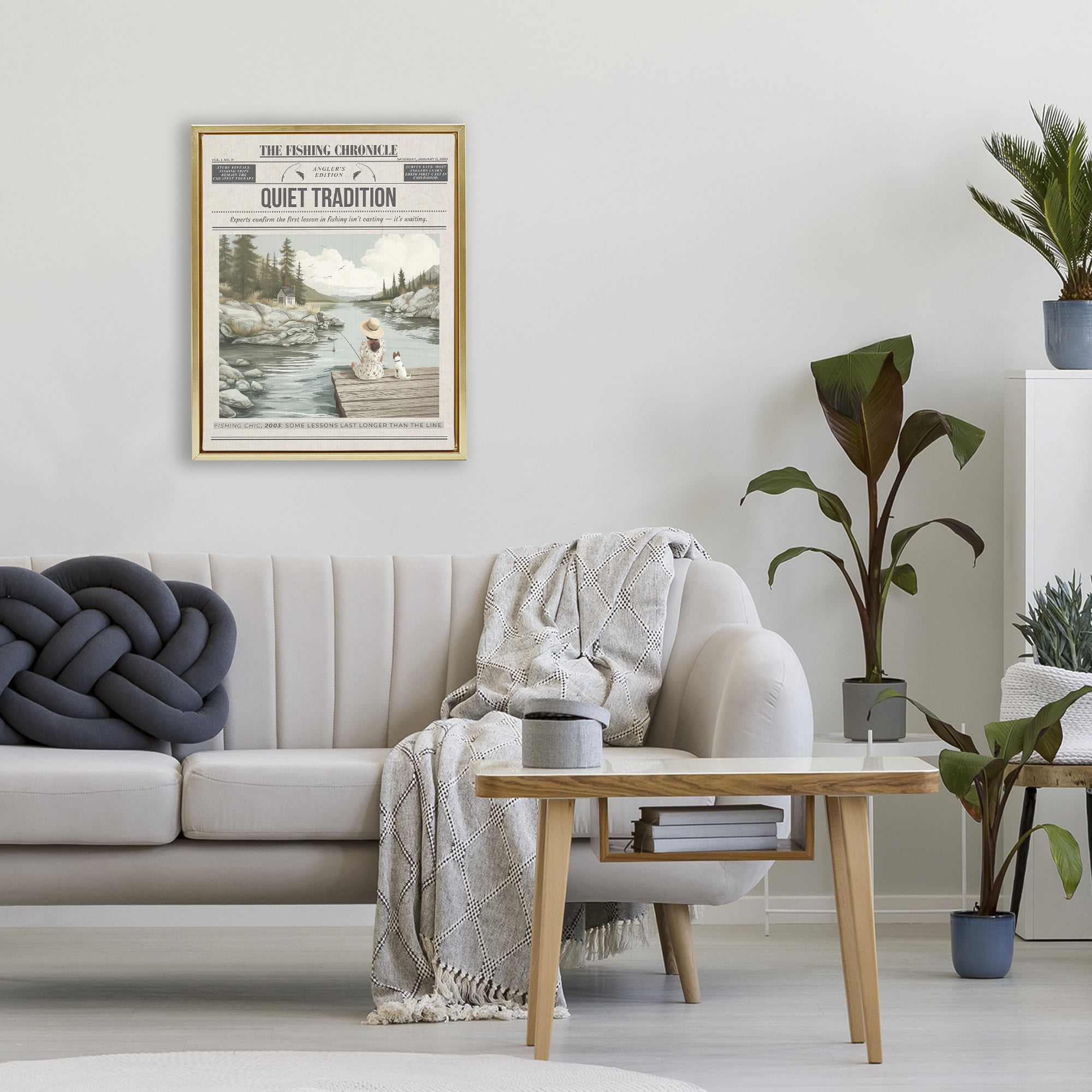 Stupell Industries Fishing Chronicle Magazine Gold Framed Floater Canvas Wall Art, design by A Barefoot Stylist