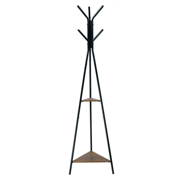 Amdohai Coat Rack Stand Tree Vintage Freestanding Hall Tree Coat Tree Metal Frame Hat Hanger Holder with 6 Hooks & 2-Tier Storage Shelves for Bedroom Office Hallway Entryway