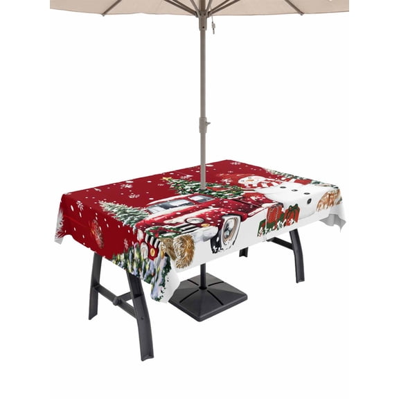 Outdoor Tablecloth with Umbrella Hole and Zipper, Red Christmas Rectangle Table Cloth 52x70 Inch Waterproof Tablecloth, Xmas Snowman Truck Tree Balls Picnic Table Cover for Patio Camping
