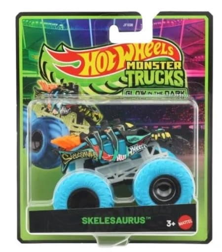 Hot Wheels Monster Trucks Glow in The Dark Collection, Skelesaurus Night Shifter Gotta Go, Die-Cast Vehicle Set, Ages 3+ JFX08