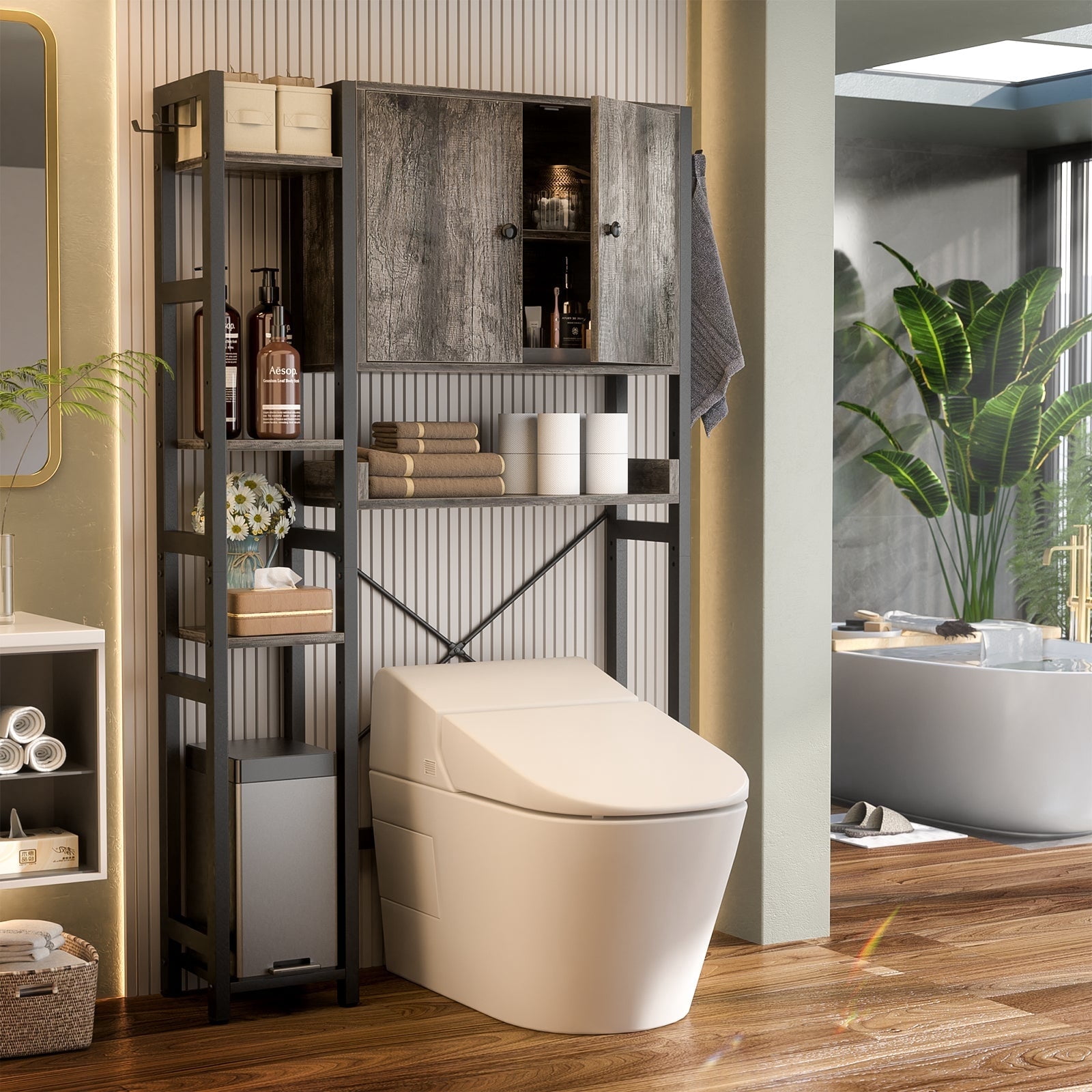 Over The Toilet Storage Cabinet with Doors, Homieasy 7 Tier Bathroom Organizer with Adjustable Shelf and 4 Hooks, Space Saving Rack for Bathroom, Restroom, Laundry