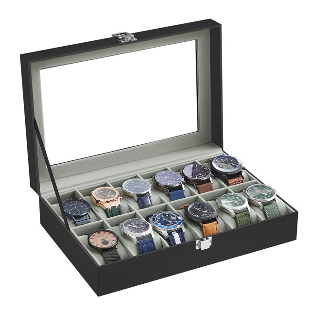 Caja para relojes SONGMICS de 12 ranuras con tapa de cristal y almohadas extraíbles