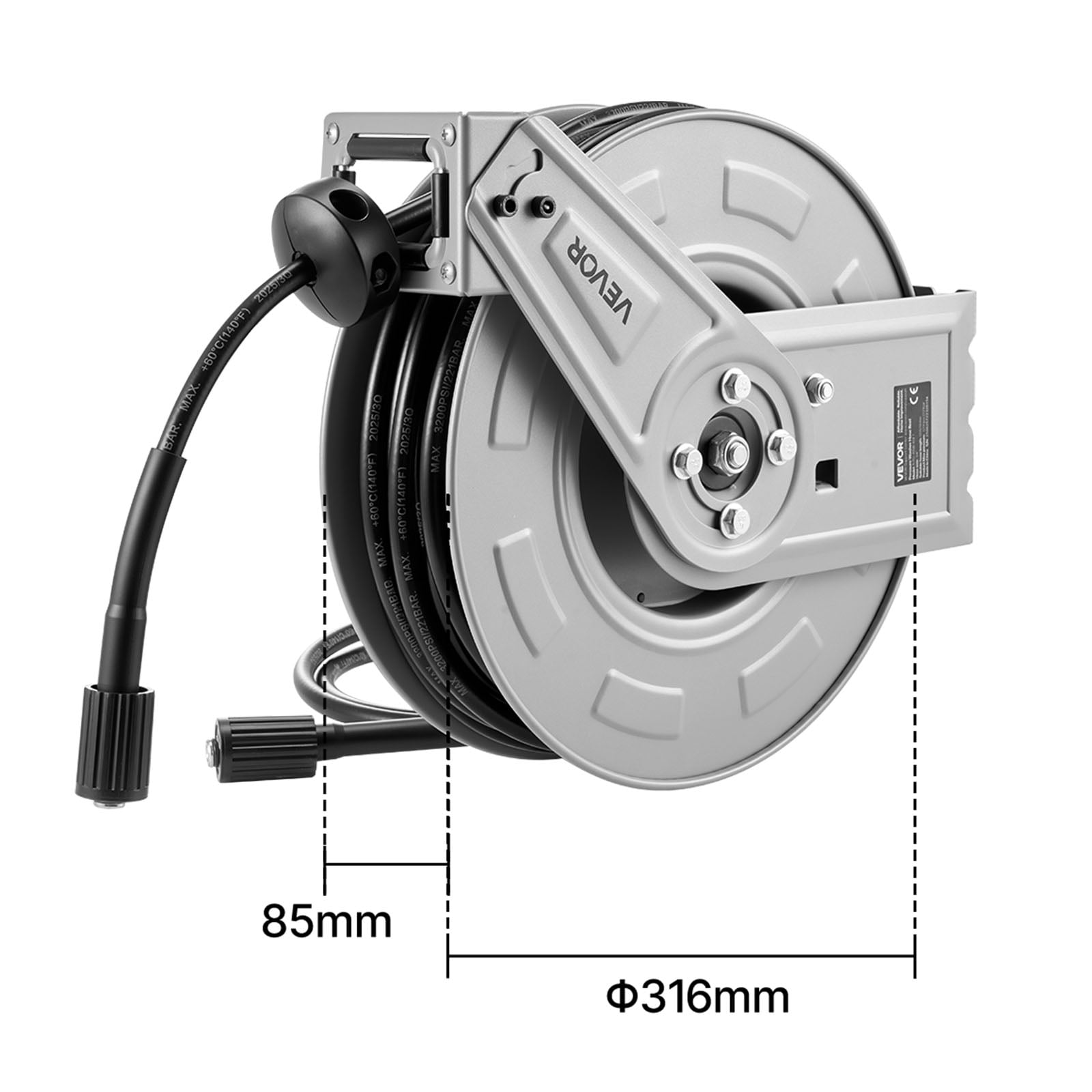 VEVOR Pressure Washer Hose Reel, 65 ft x 1/4 inch Retractable Power Heavy-Duty Steel Washer Hose Reel, 3200PSI Max, Auto-Rewinding, Flexible Wall/Floor Mounted for Car Washing,Garden,Floor Cleaning