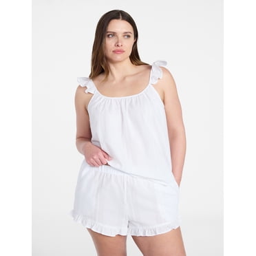 Joyspun Women's Seersucker Sleep Cami and Shorts Set with Ruffle, 2-Piece, Sizes XS-3X