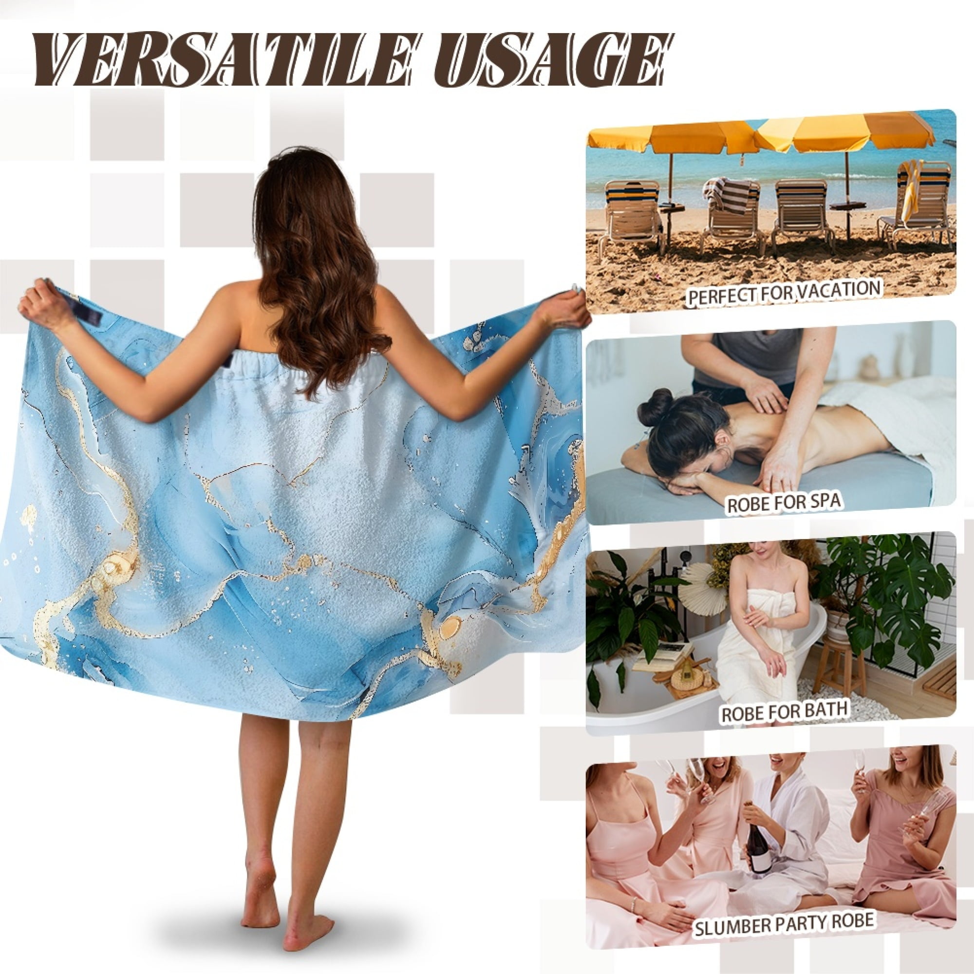 Yuyamidu Blue Marble Print Bath Towel Wrap for Women Mid Length Body Wrap Towel Quick Dry Bathroom Towels with Pocket Reusable Home Shower Towel Wrap Size L