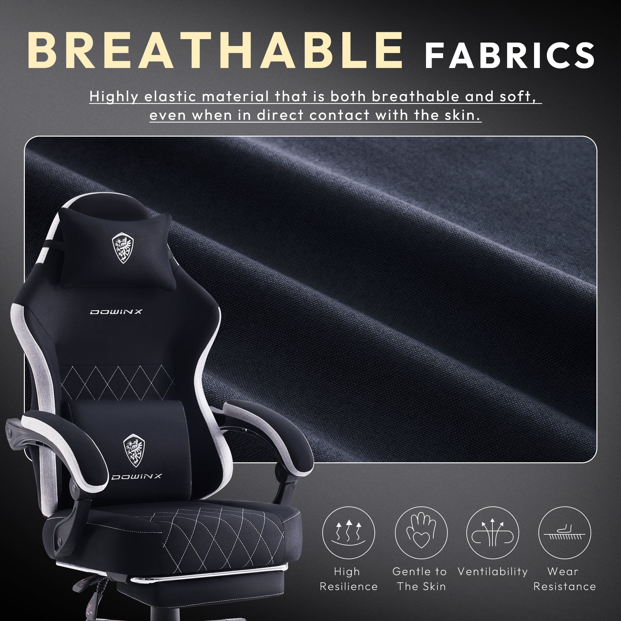 Dowinx Fabric Gaming Chair with Massage Lumbar Support, High Back Ergonomic Computer Chair with Footrest for Adult, Black