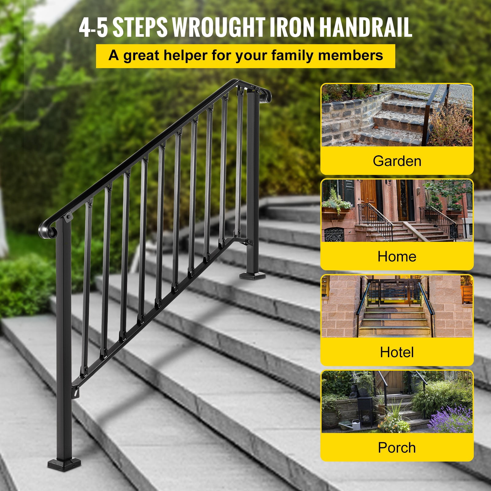 BENTISM Iron Handrail Picket 4 or 5 Steps Stair Railing Hand Rail for Outdoor