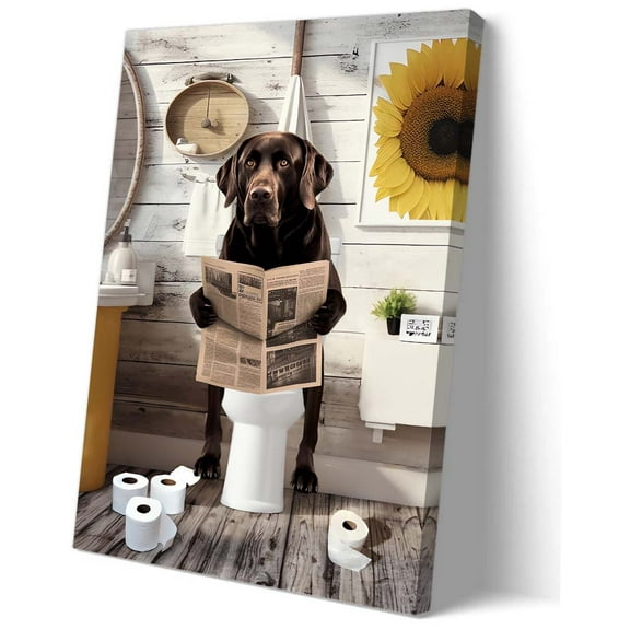Funny Labrador Retriever Dog Poster Bathroom Wall Art Dog on Toilet Reading Newspaper Poster Nature Print Picture Canvas Artwork Giclee Fine Art Deco