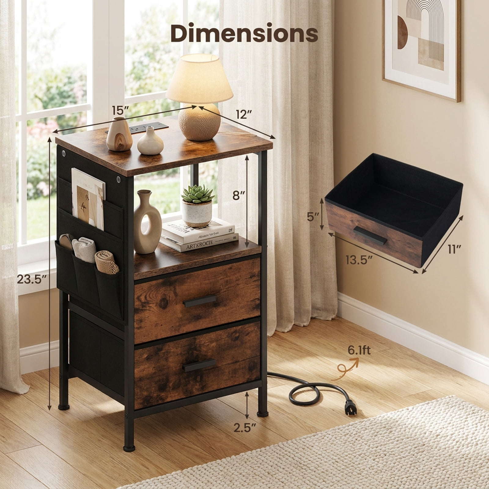 Furnibear End Table Nightstand with Charging Station and 2 Folding Fabric Drawers