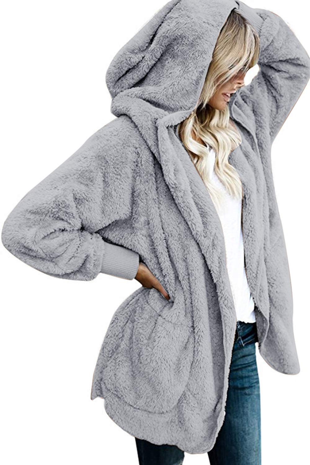 OMZIN Women/’s Winter Fluffy Fuzzy Open Front Cardigan Jacket Coat Outwear with Pockets